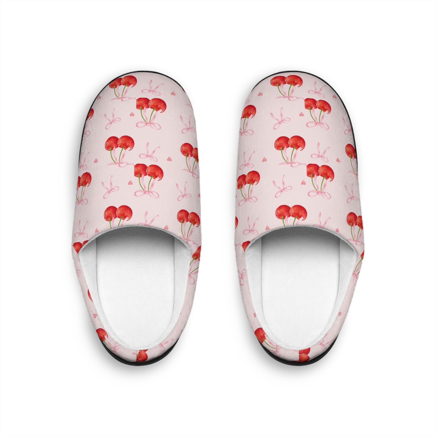 Slippers, Coquette Style Cherry and Pink Bow, Women's House Shoes, Bedroom Slides, Indoor Footwear, Soft Sole, Cute Slip-Ons