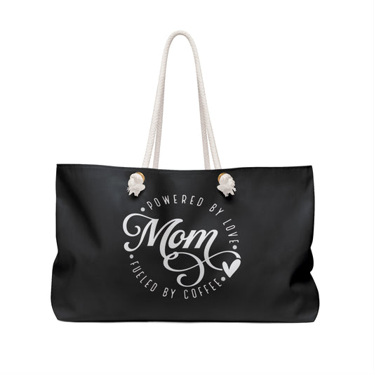 Mom Weekender Bag, mom powered by love fueled by coffee tote bag, great gift for family members, travel pool and beach