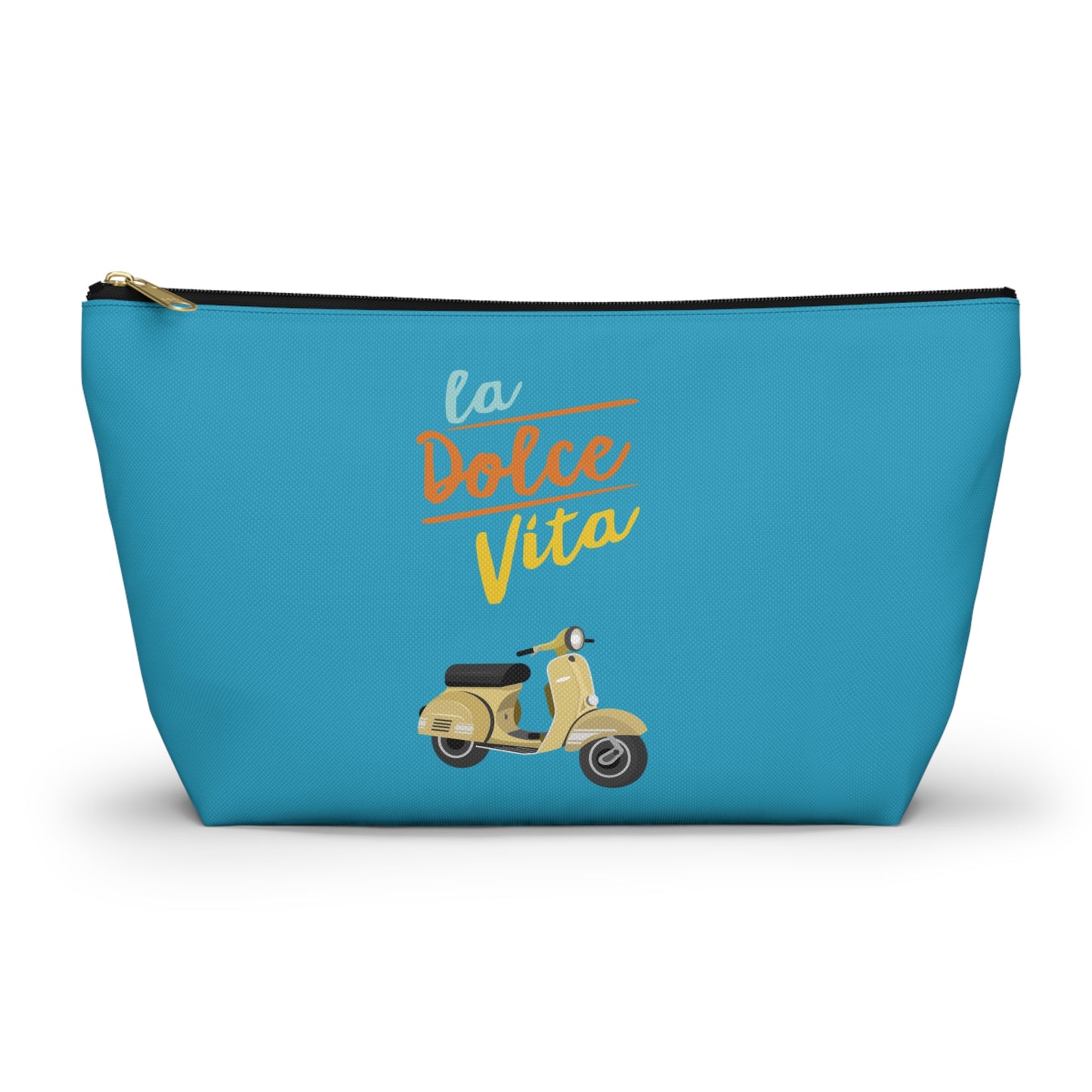 A blue travel pouch with a zipper, featuring text 'la dolce vita' and an illustration of a vintage scooter.
