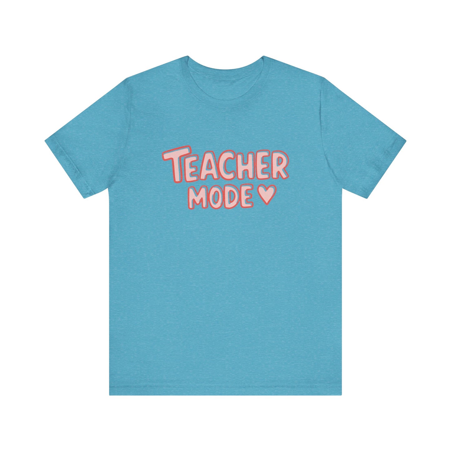 Blue t-shirt with 'Teacher Mode' text on a white background