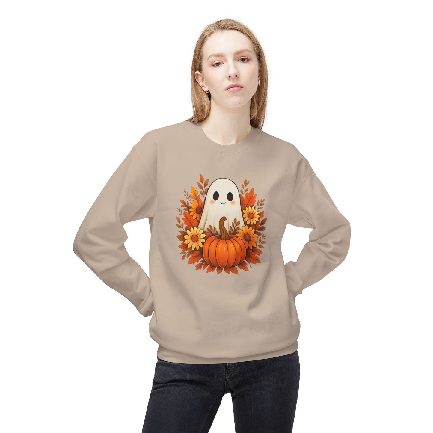 Cute Ghost & Pumpkin Sweatshirt, Fall Crewneck, Halloween Sweater, Cozy Autumn Apparel, Unisex Seasonal Fashion, Pumpkin Spice Vibes