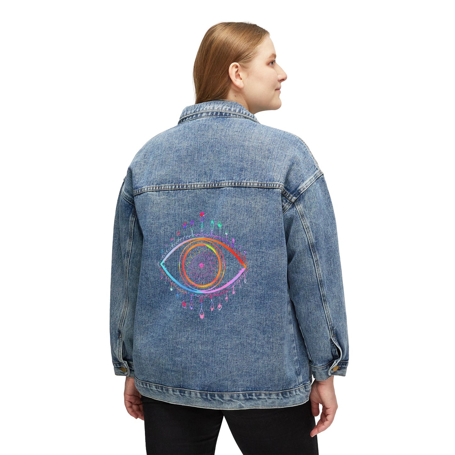 Evil eye Women's Denim Jacket, great custom Jean jacket for Christmas birthday gifts, teen Christmas gift ideas . Back to school fall denim jacket