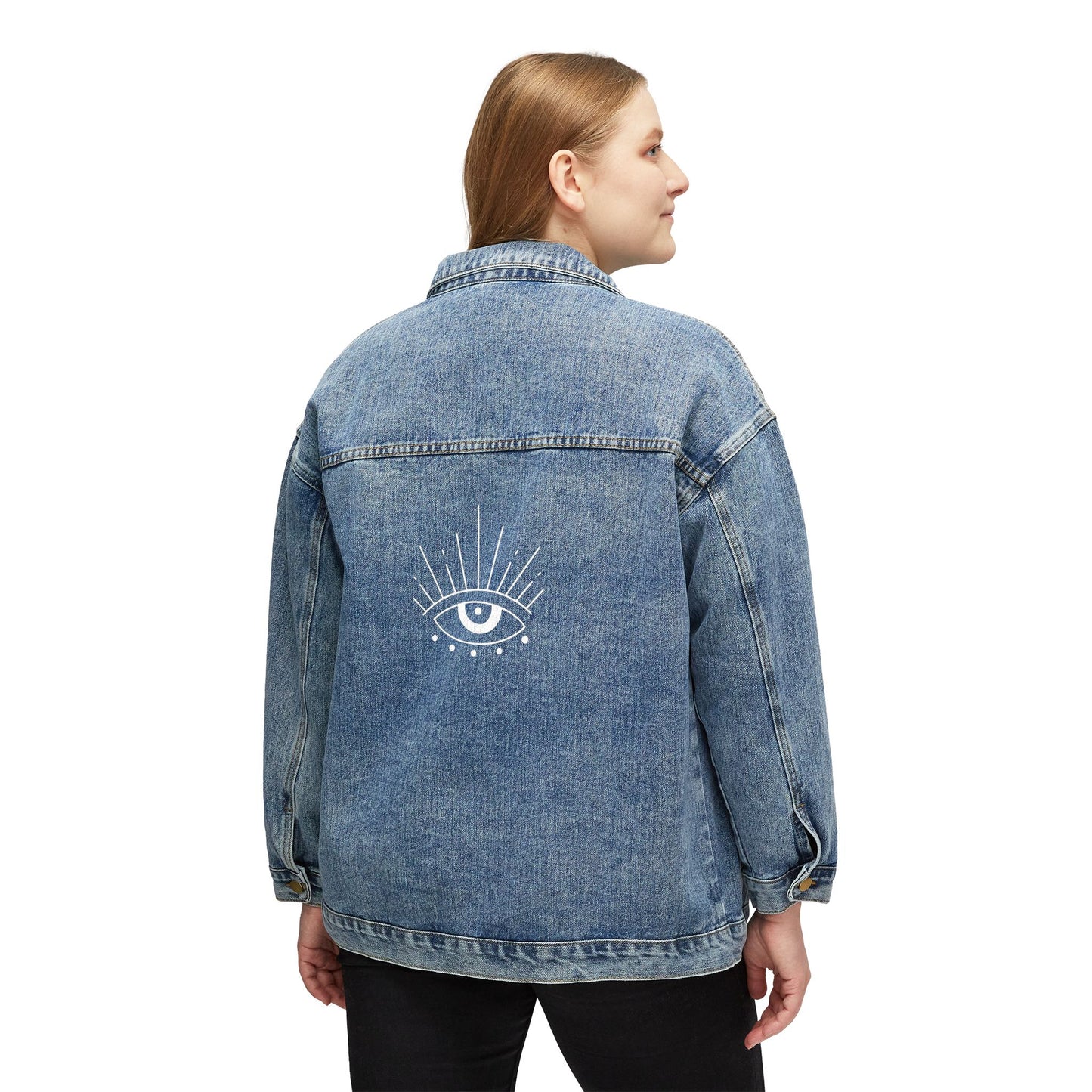 Evil eye Women's Denim Jacket, great custom Jean jacket for Christmas birthday gifts, teen Christmas gift ideas . Back to school fall denim jacket