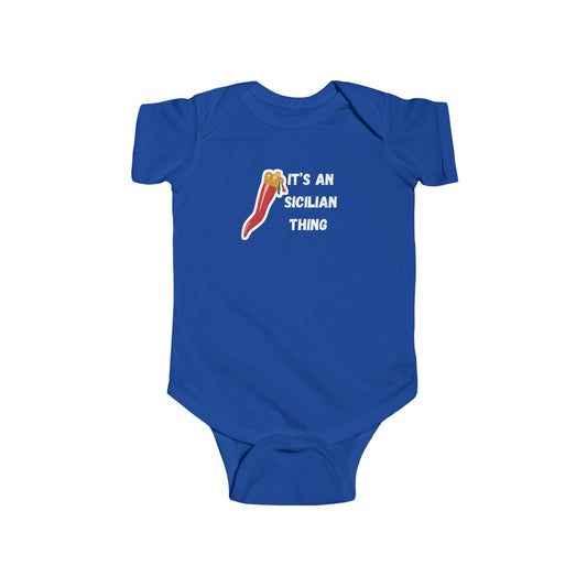 Blue baby onesie with a graphic and text on a white background
