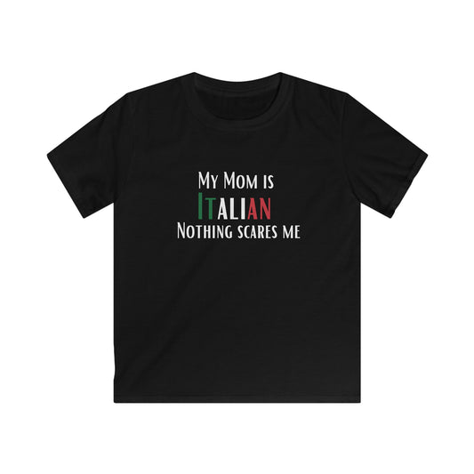 Black t-shirt with text 'My Mom is Italian Nothing Scares Me' on a white background