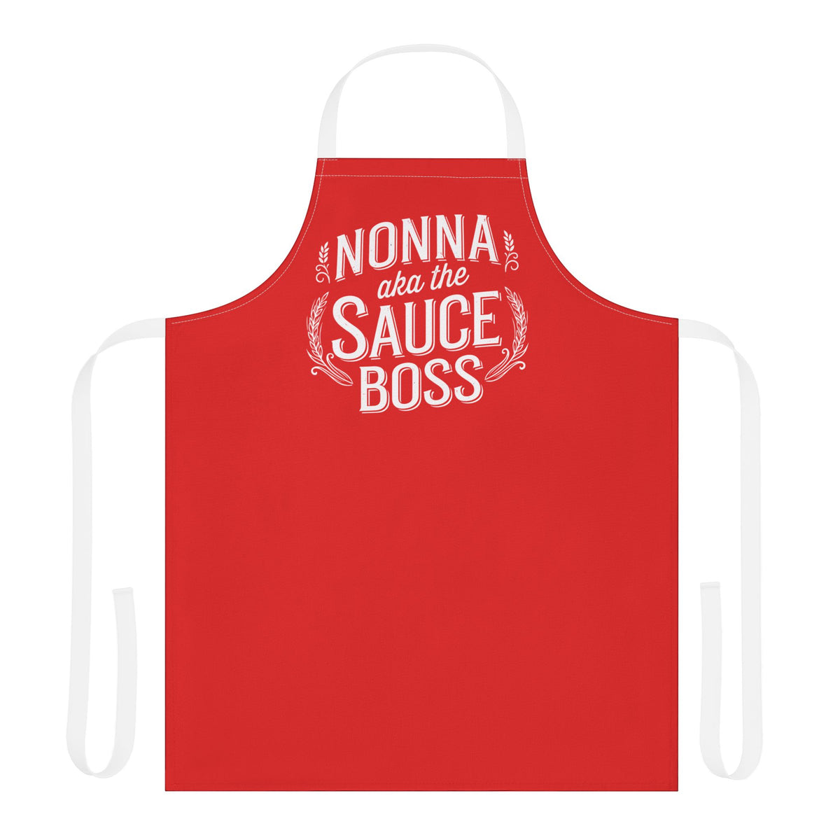 Red front apron with “NONNA aka the SAUCE BOSS” print and red neck/waist ties