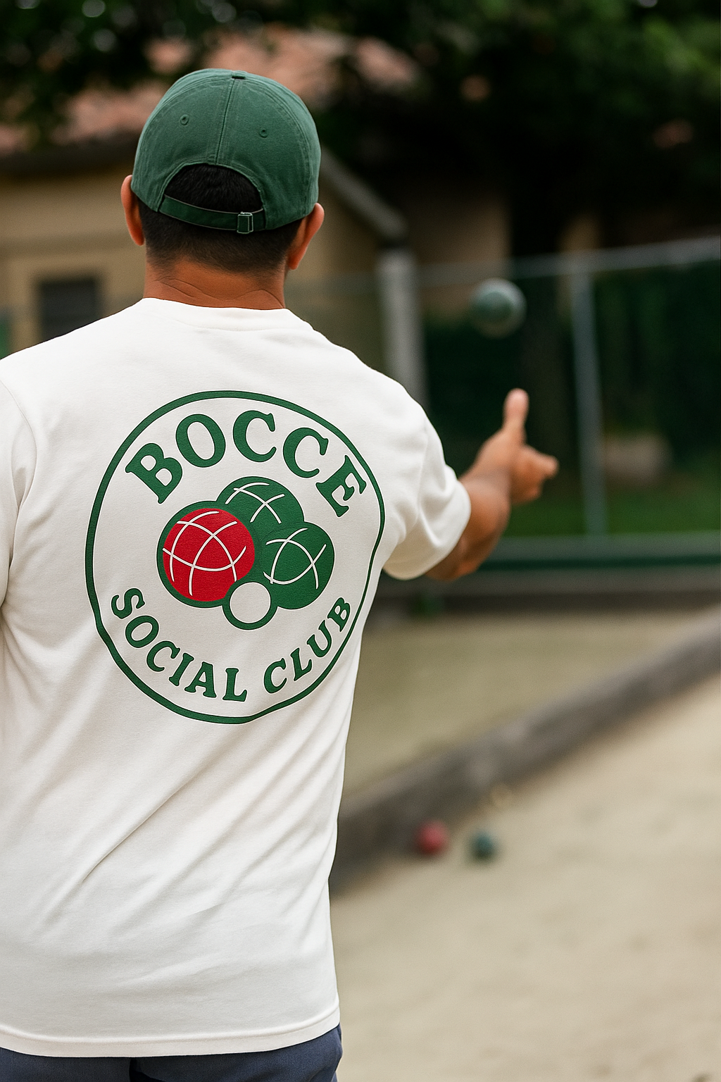 White unisex short-sleeve jersey T-shirt with large back bocce club logo print