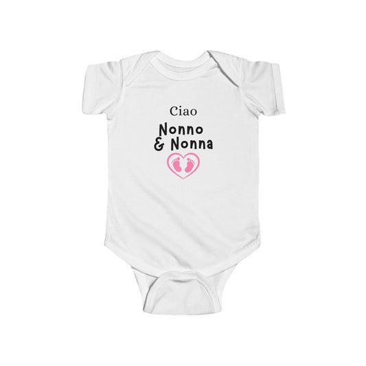 White baby onesie with text 'Ciao Nonno & Nonna' on a white background