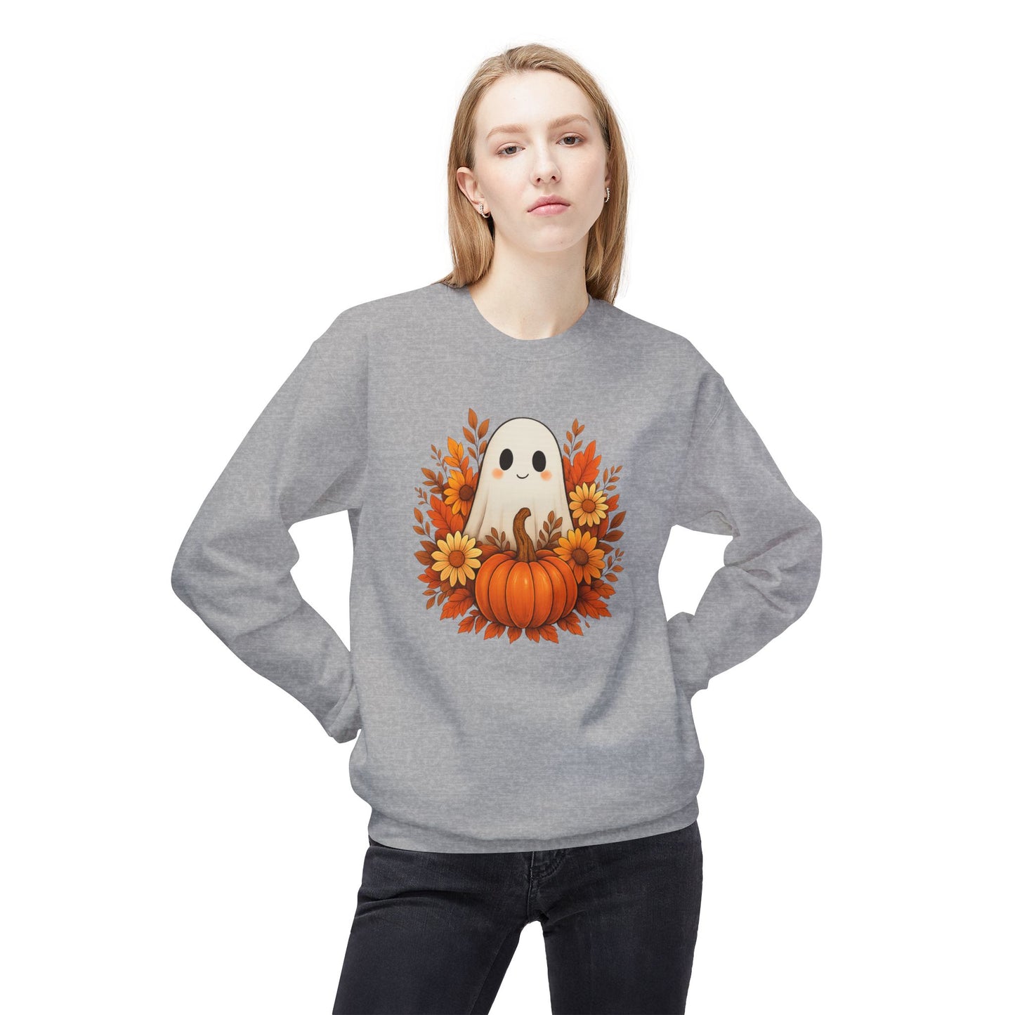 Cute Ghost & Pumpkin Sweatshirt, Fall Crewneck, Halloween Sweater, Cozy Autumn Apparel, Unisex Seasonal Fashion, Pumpkin Spice Vibes