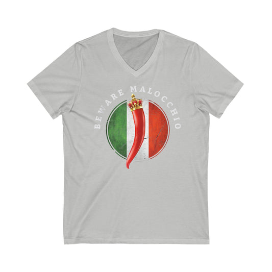 Beware of the malocchio evil eye Italian Unisex Jersey Short Sleeve V-Neck Tee, inspired gifts for men and women