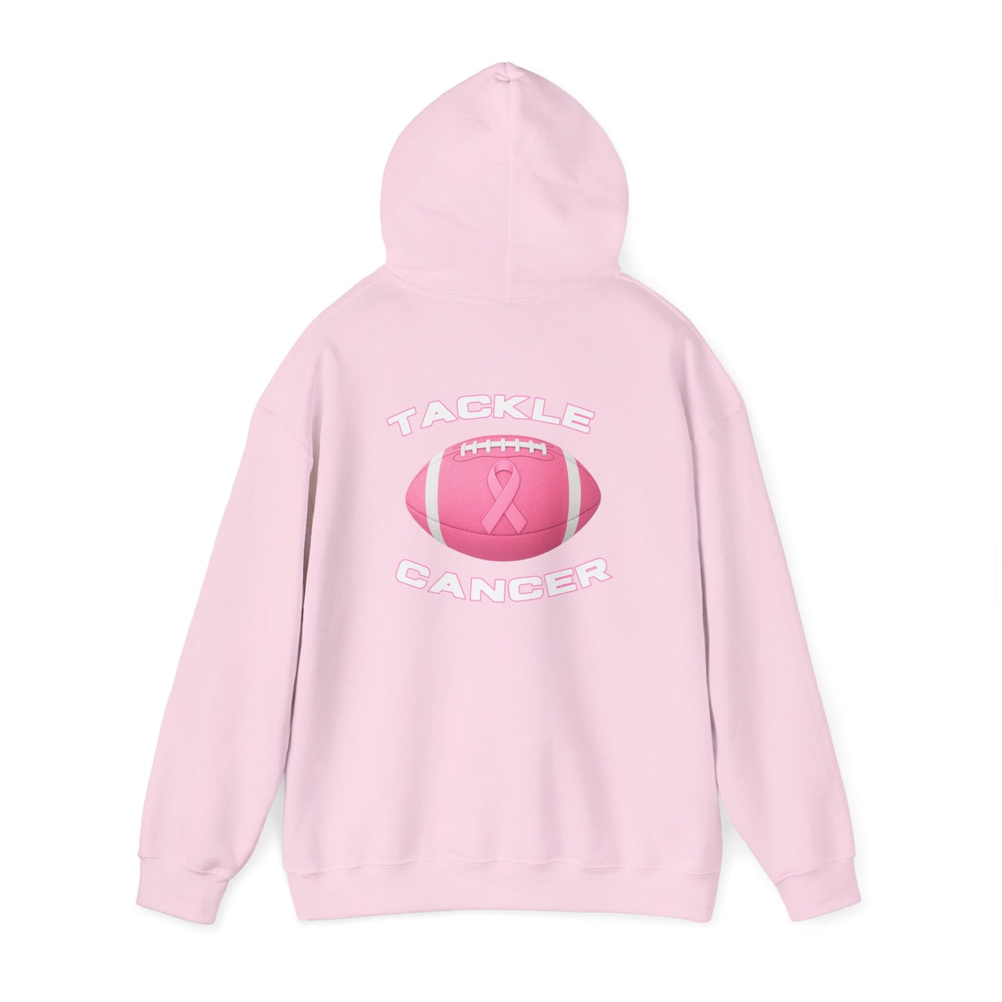 Light pink hoodie sweatshirt with large back print: pink football 'Tackle Cancer'