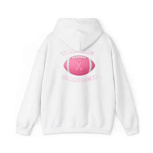 White hoodie sweatshirt with pink football 'Tackle Cancer' graphic on back