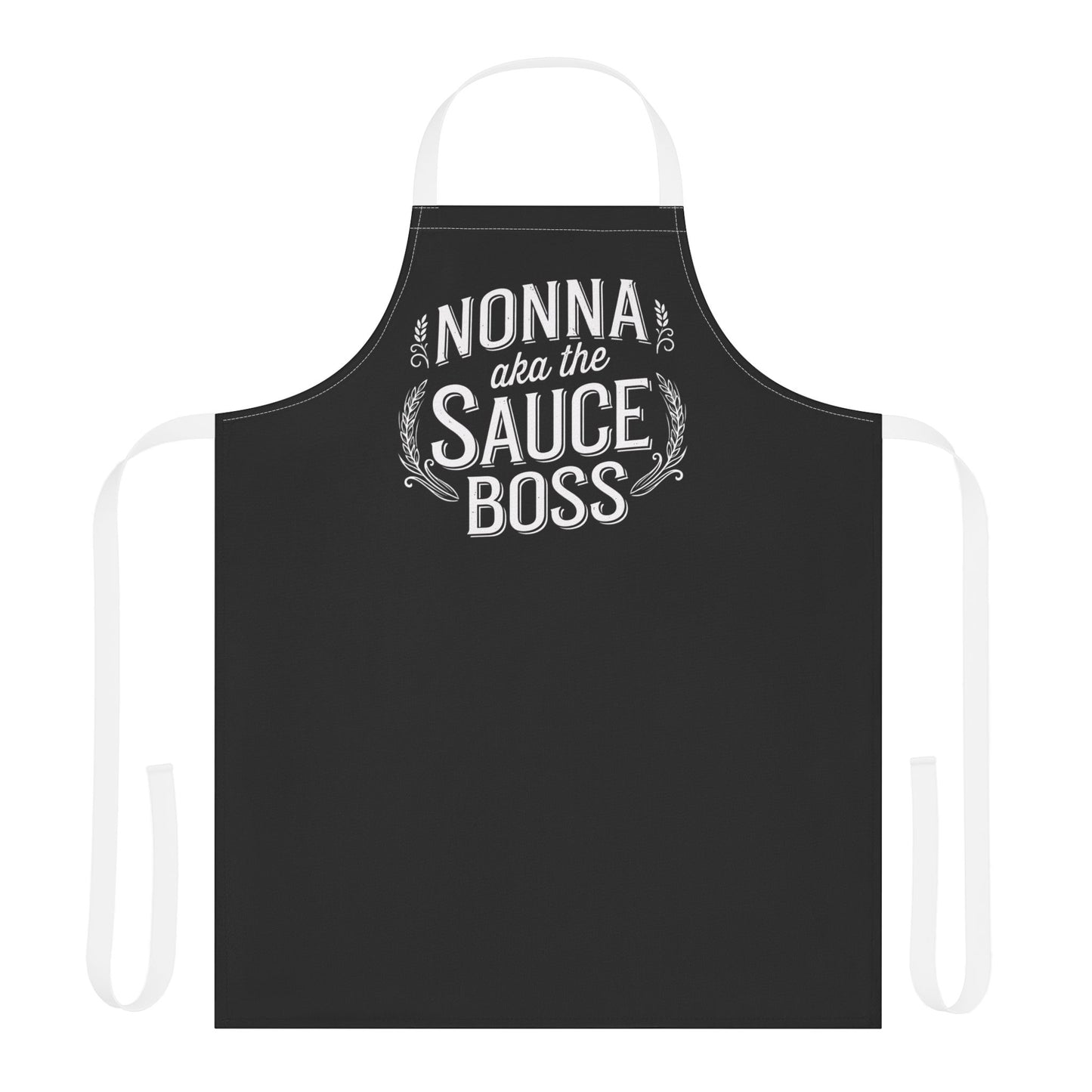 Black apron front panel with 'NONNA aka the SAUCE BOSS' logo print