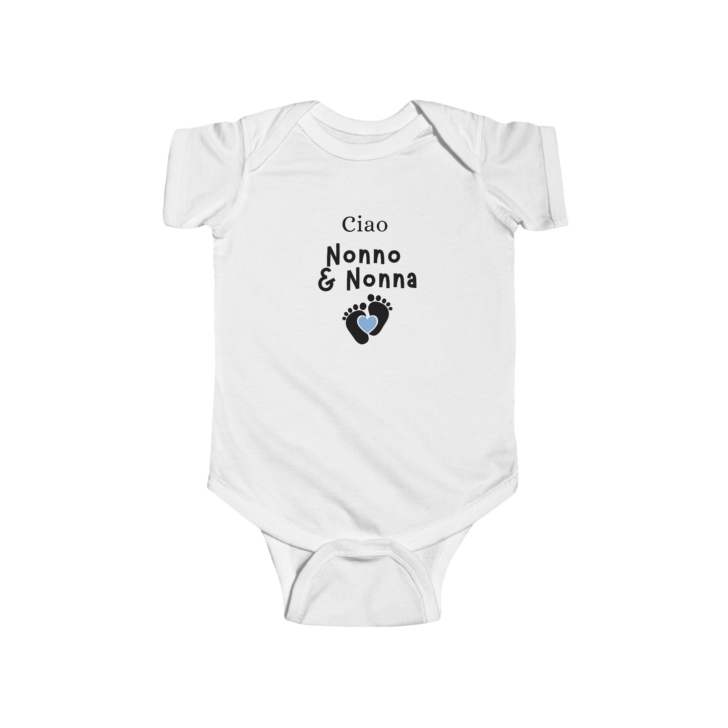 White baby onesie with text and footprints on a white background