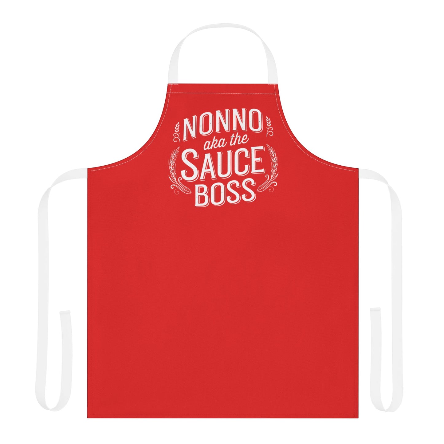 Red apron with "NONNO aka the SAUCE BOSS" print and white ties