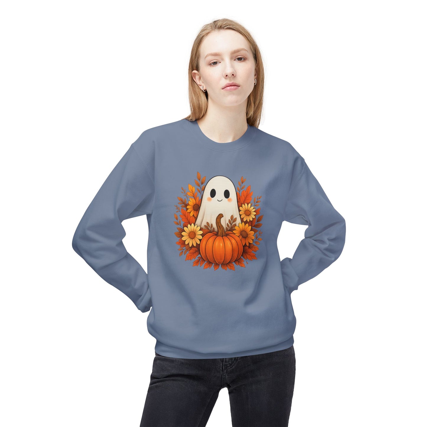 Cute Ghost & Pumpkin Sweatshirt, Fall Crewneck, Halloween Sweater, Cozy Autumn Apparel, Unisex Seasonal Fashion, Pumpkin Spice Vibes