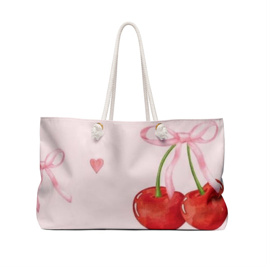 Cherry hearts and bows Coquette Weekender Bag, Tote for Travel, Overnight Bag, Weekender, Fashionable Carry-On Luggage, Floral Print