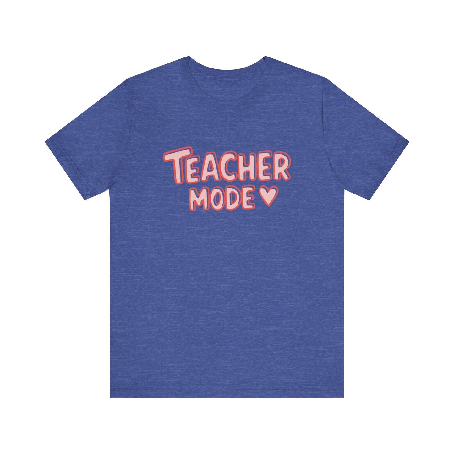Blue t-shirt with 'Teacher Mode' text on a white background