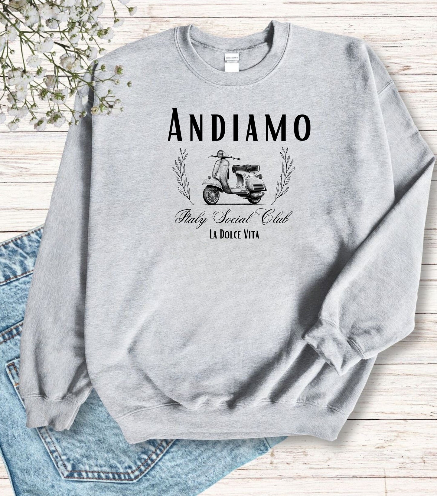 Andiamo Italy Social Club Crewneck Sweatshirt, Italian Gifts, Travel Italy, Vespa, Unisex Heavy Blend Sweater, Italy Lover Gift, Italian