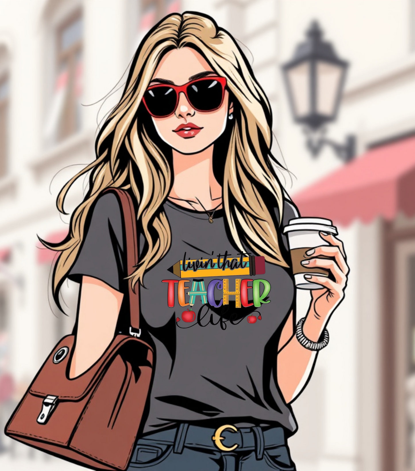 Illustration of a woman wearing a 'Teacher' shirt with sunglasses and a coffee cup.