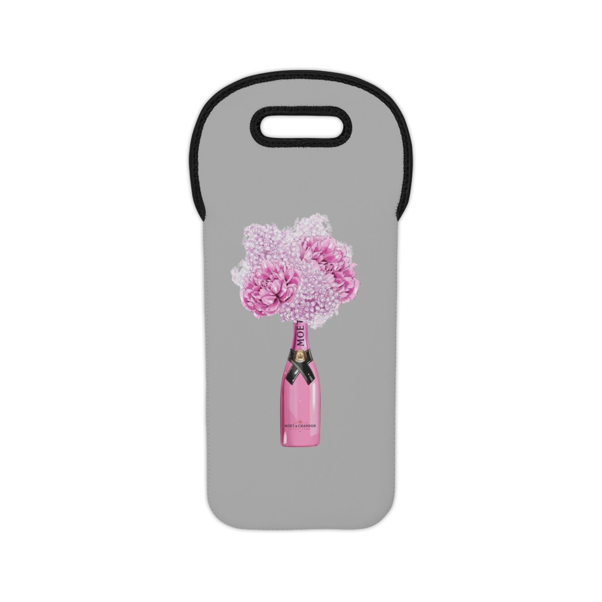 A gray neoprene tote bag with a floral design, specifically designed as a wine bottle holder.