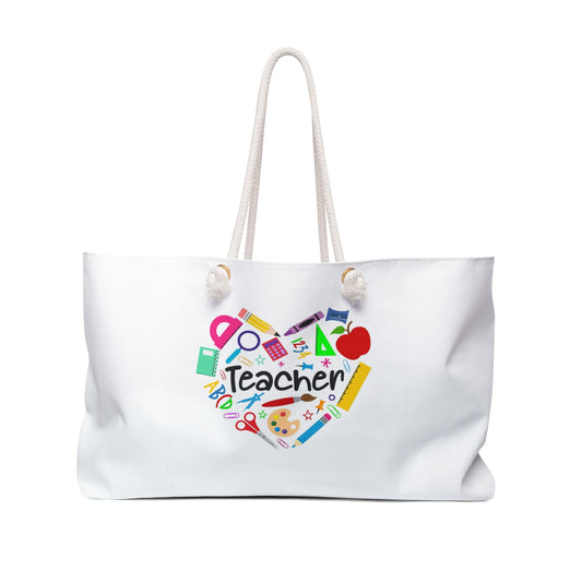 White polyester tote bag with a heart-shaped label featuring a teacher design, complete with a set of handles.