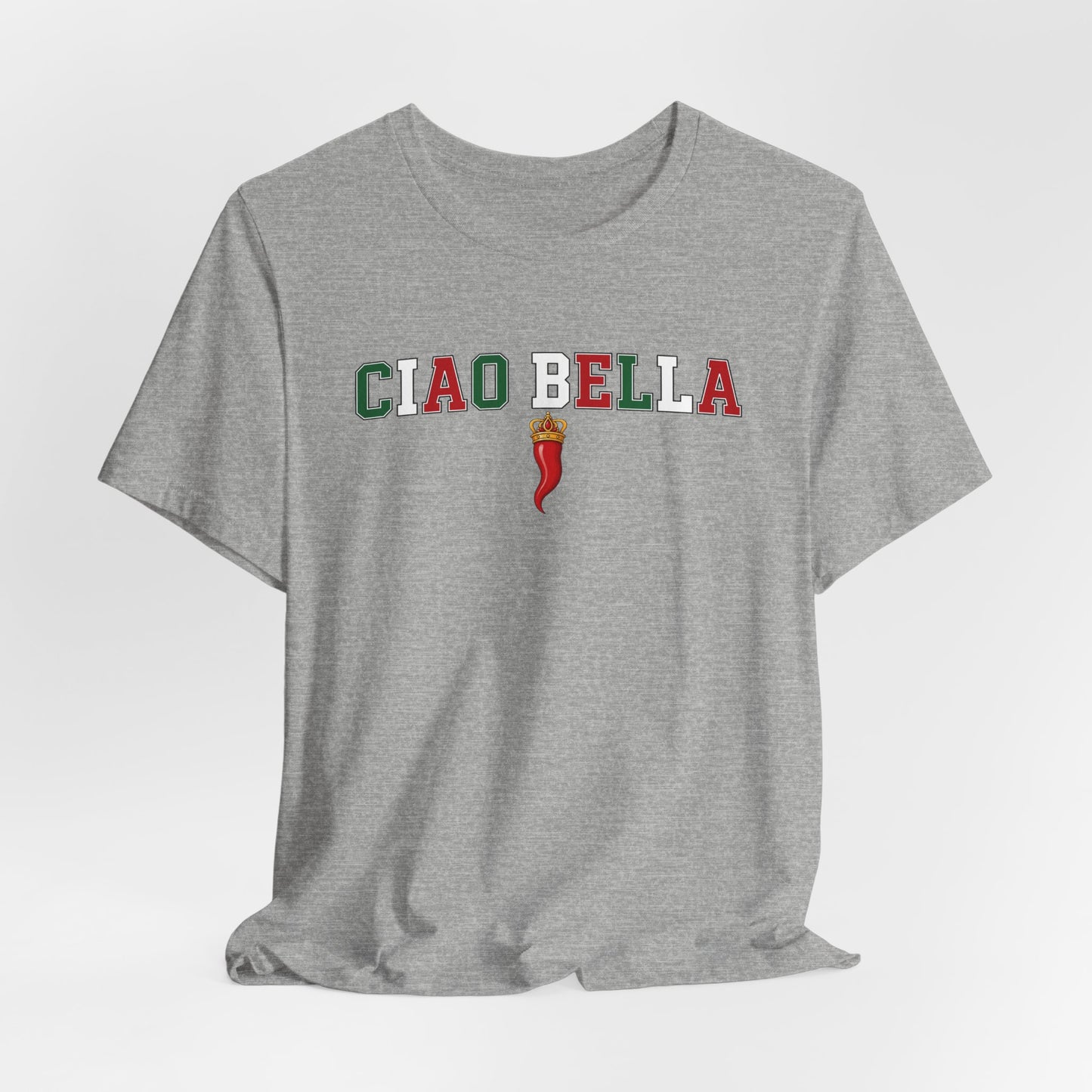 Ciao Bella T-Shirt — Italian Flag Lettering with Chili Pepper Graphic