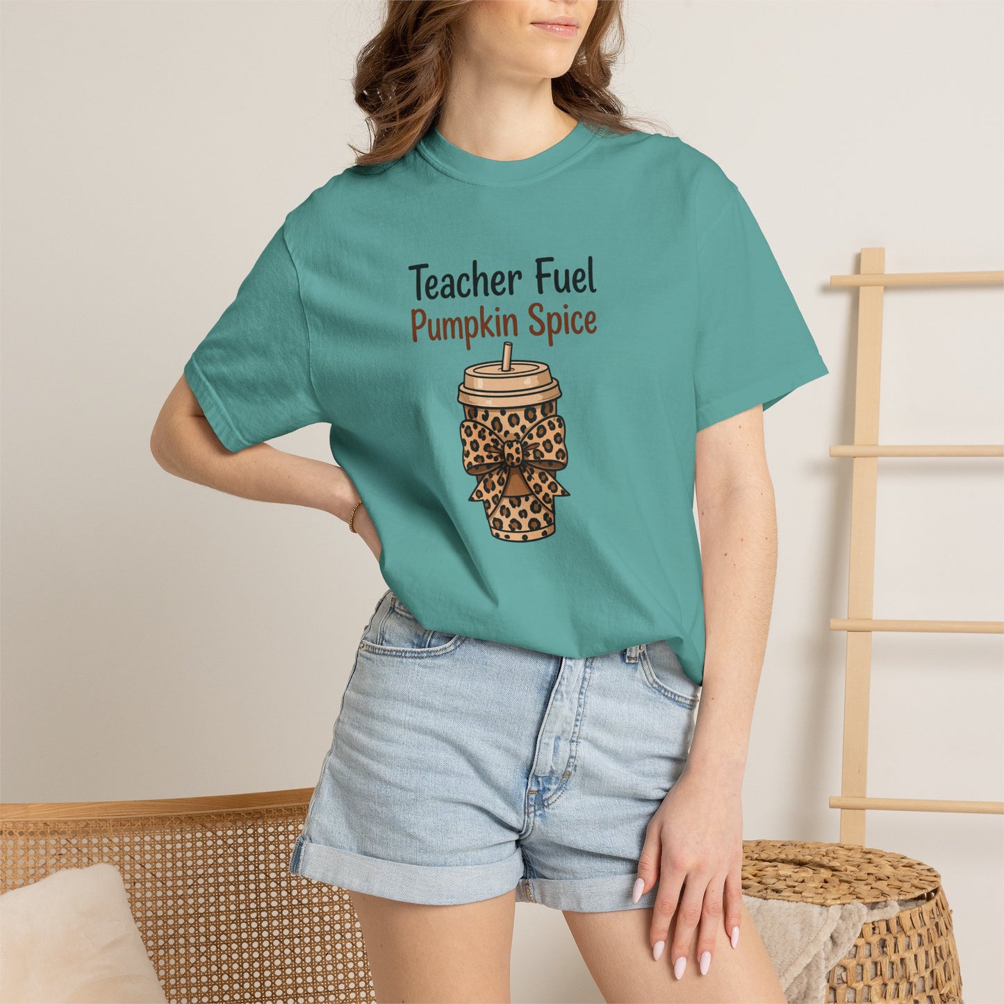 Teacher Fuel Pumpkin Spice T-Shirt — Leopard Coffee Cup Tee for Teachers