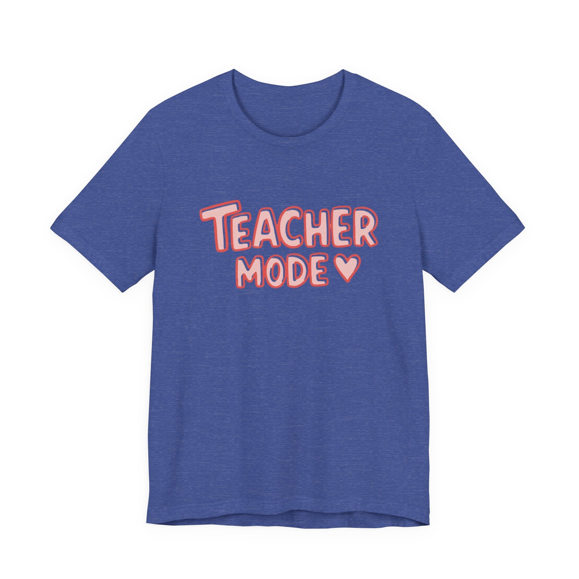 Blue t-shirt with 'Teacher Mode' text in red on a white background