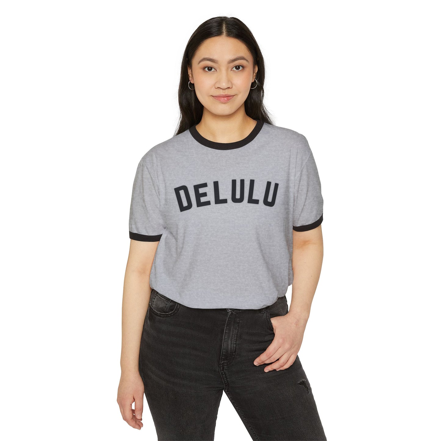 Delulu fun teen tween Unisex Cotton Ringer T-Shirt. Back to school Christmas birthday