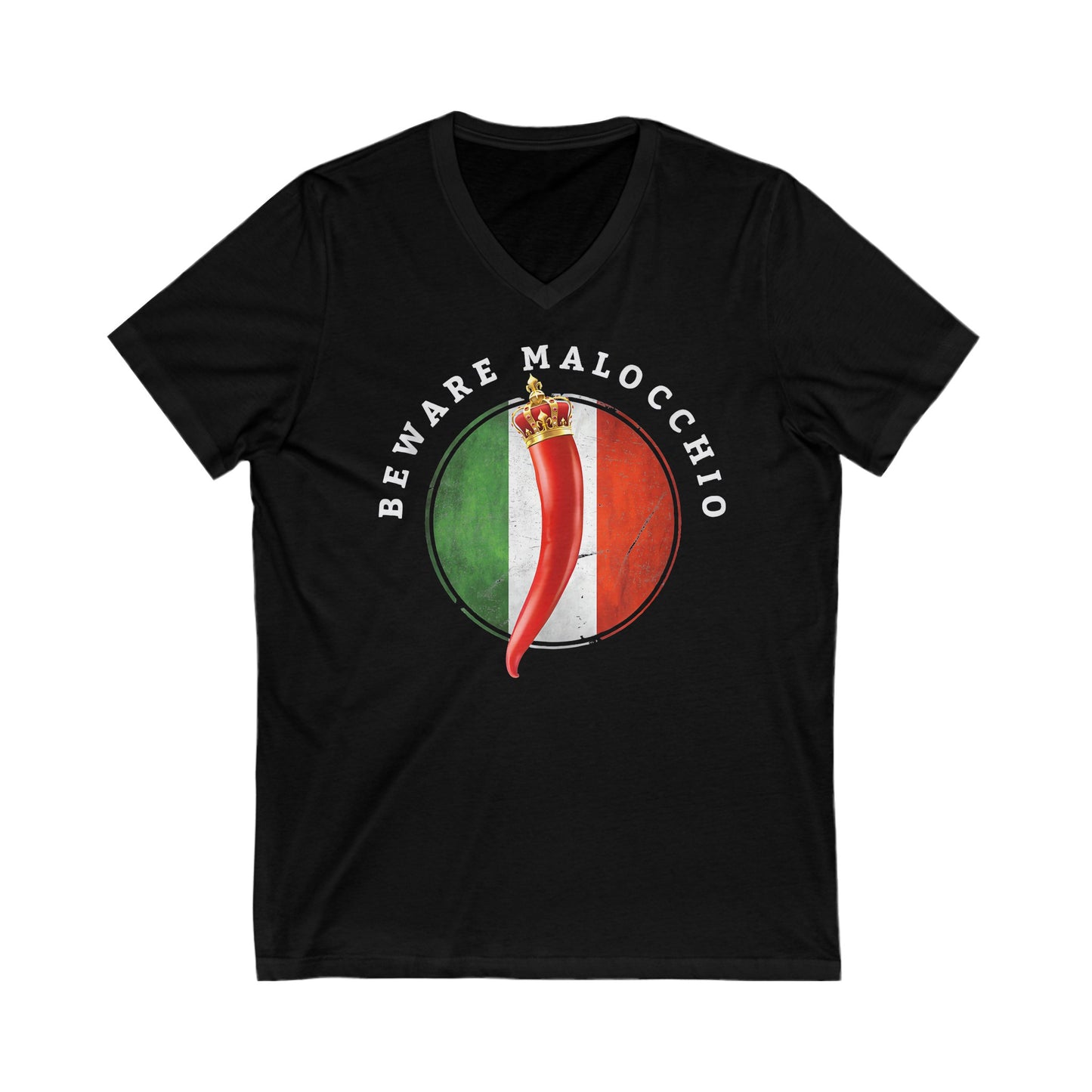 Beware of the malocchio evil eye Italian Unisex Jersey Short Sleeve V-Neck Tee,  inspired gifts for men and women