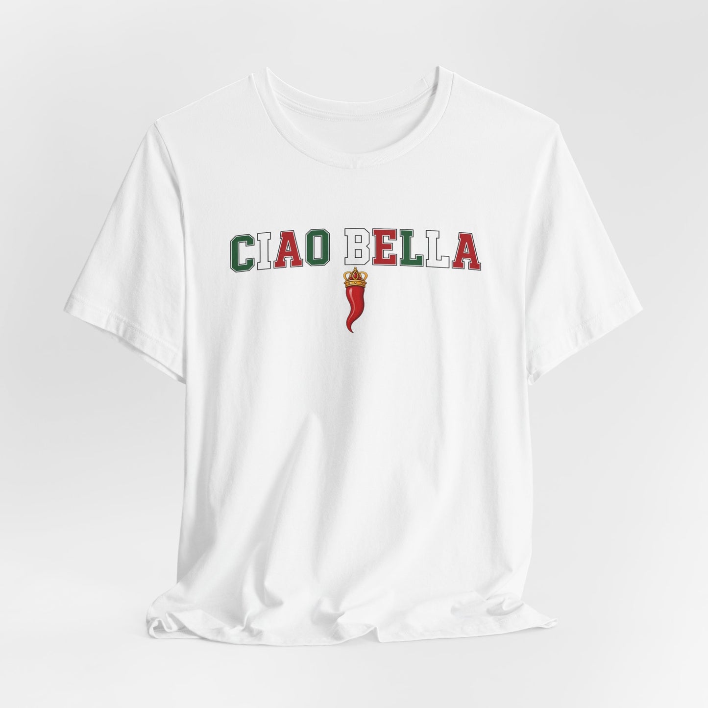 Ciao Bella T-Shirt — Italian Flag Lettering with Chili Pepper Graphic