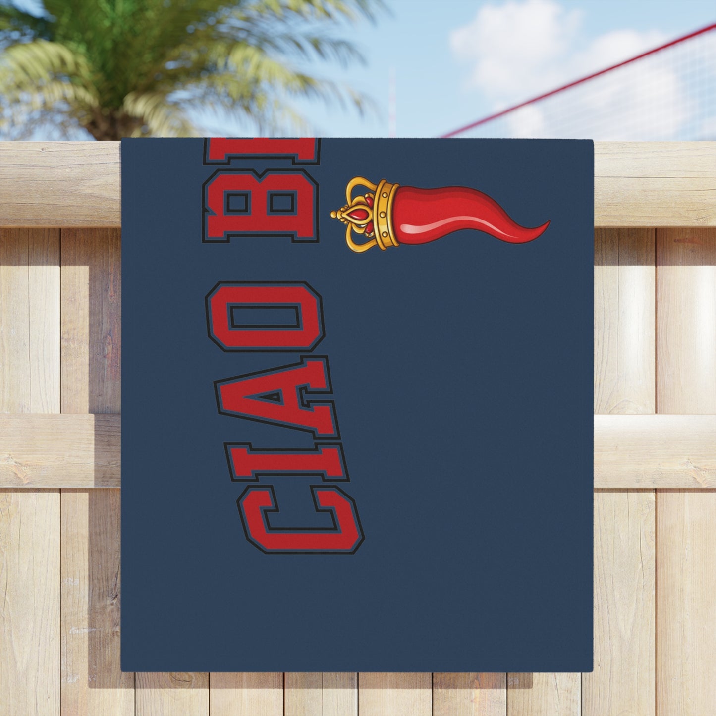 Ciao Bella Beach Towel – Navy Italian Flame Graphic
