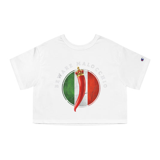 Malocchio Cornicello red horn Italian  Champion Women's Heritage Cropped T-Shirt, Italian inspired ciao lemons love Italy shirt for women, birthday travel Christmas gift