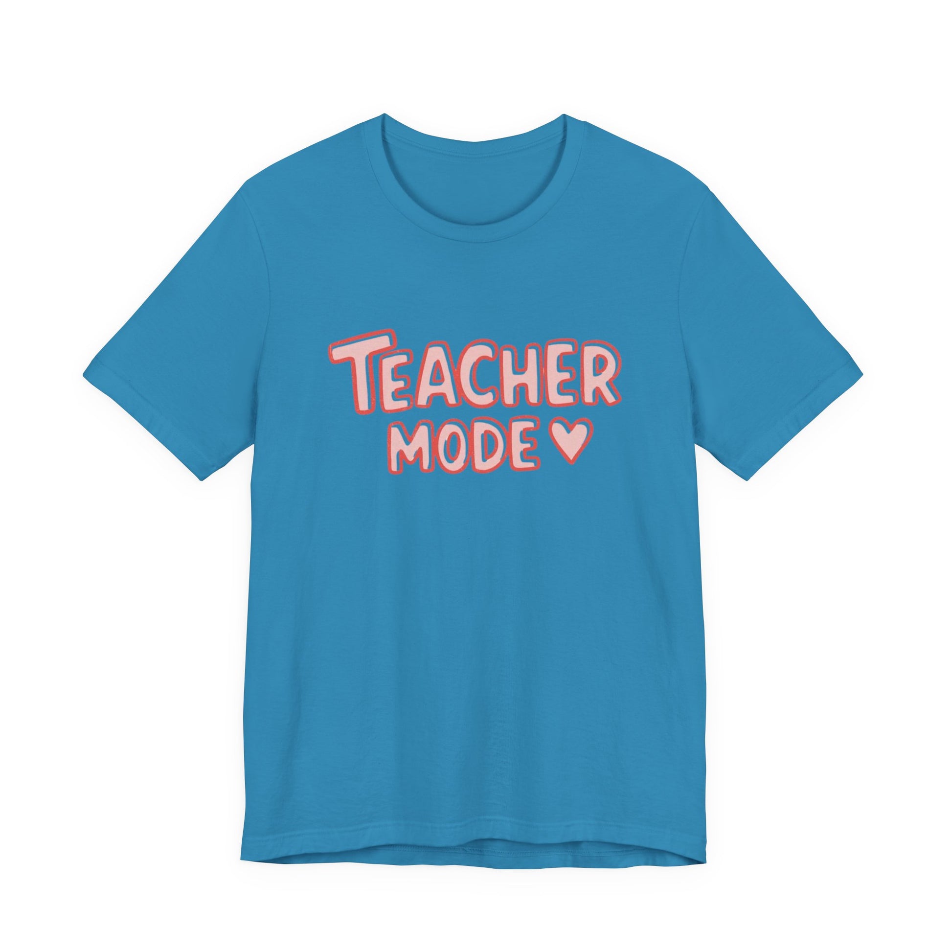 Blue t-shirt with 'Teacher Mode' text in pink on a white background