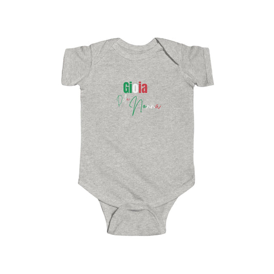 Gray baby onesie with colorful text design on a white background
