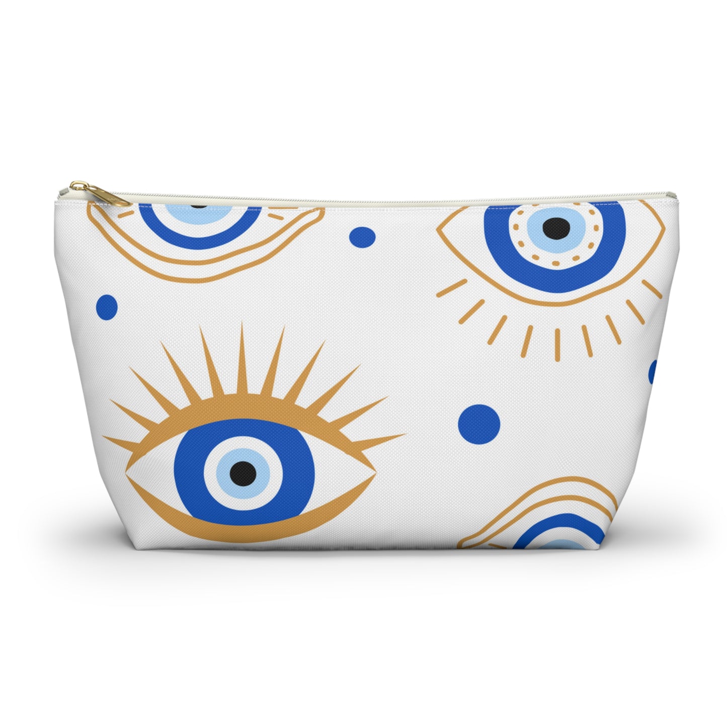A white polyester pouch with a blue and gold geometric pattern, resembling an evil eye, and a zipper closure.