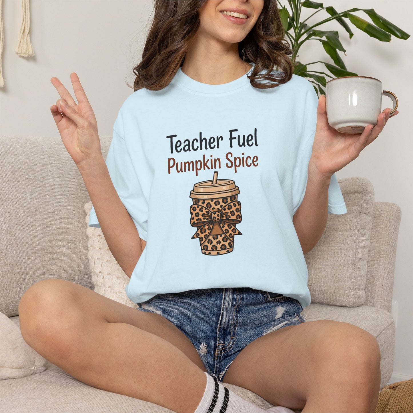 Teacher Fuel Pumpkin Spice T-Shirt — Leopard Coffee Cup Tee for Teachers