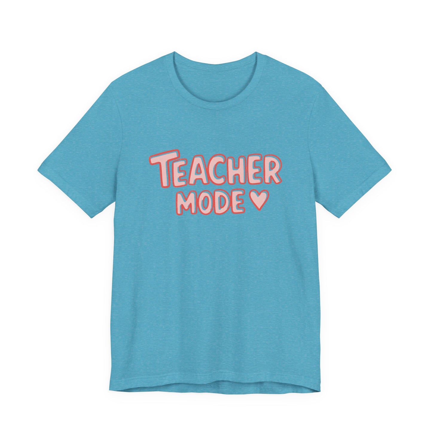 Blue t-shirt with 'Teacher Mode' text on a white background