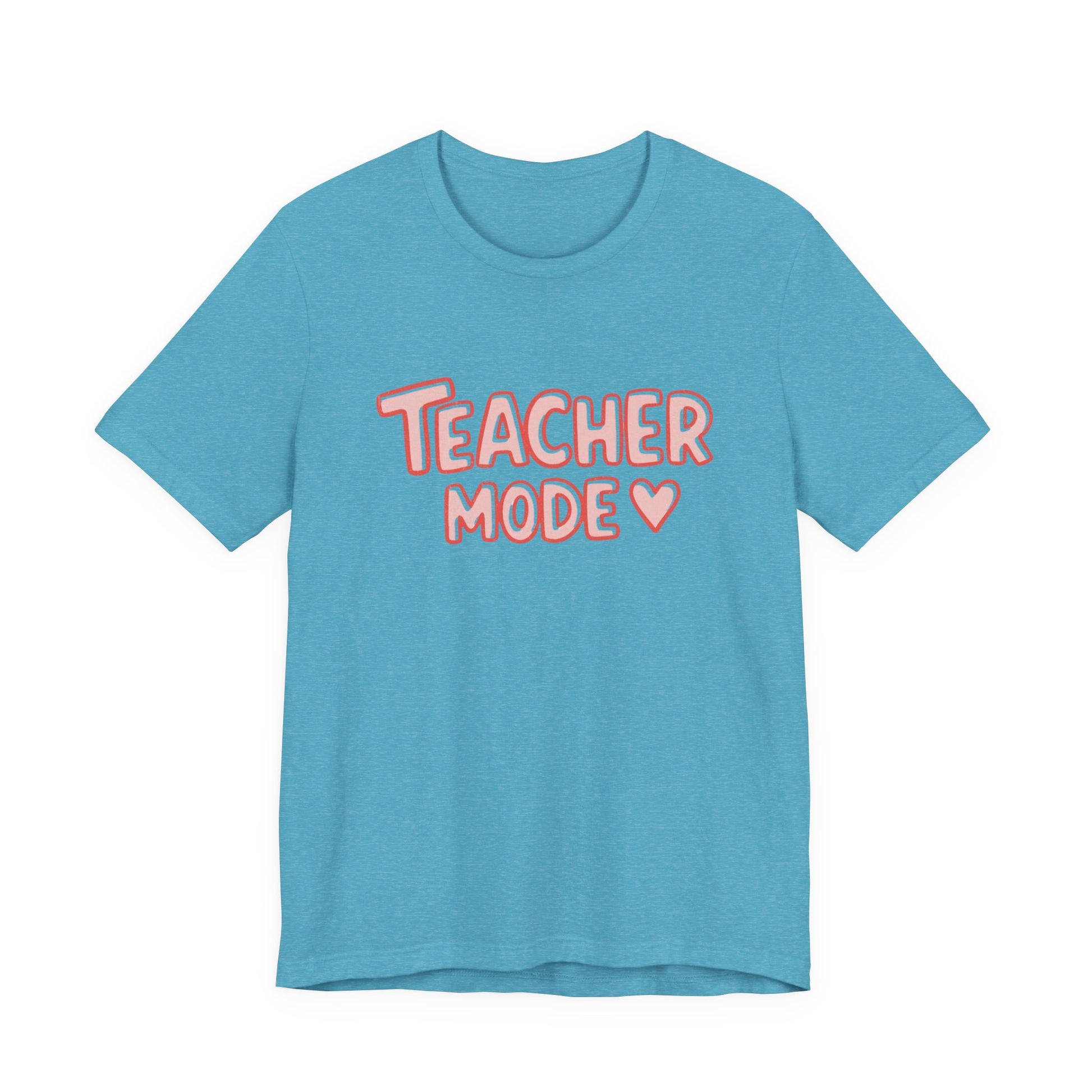 Blue t-shirt with 'Teacher Mode' text on a white background
