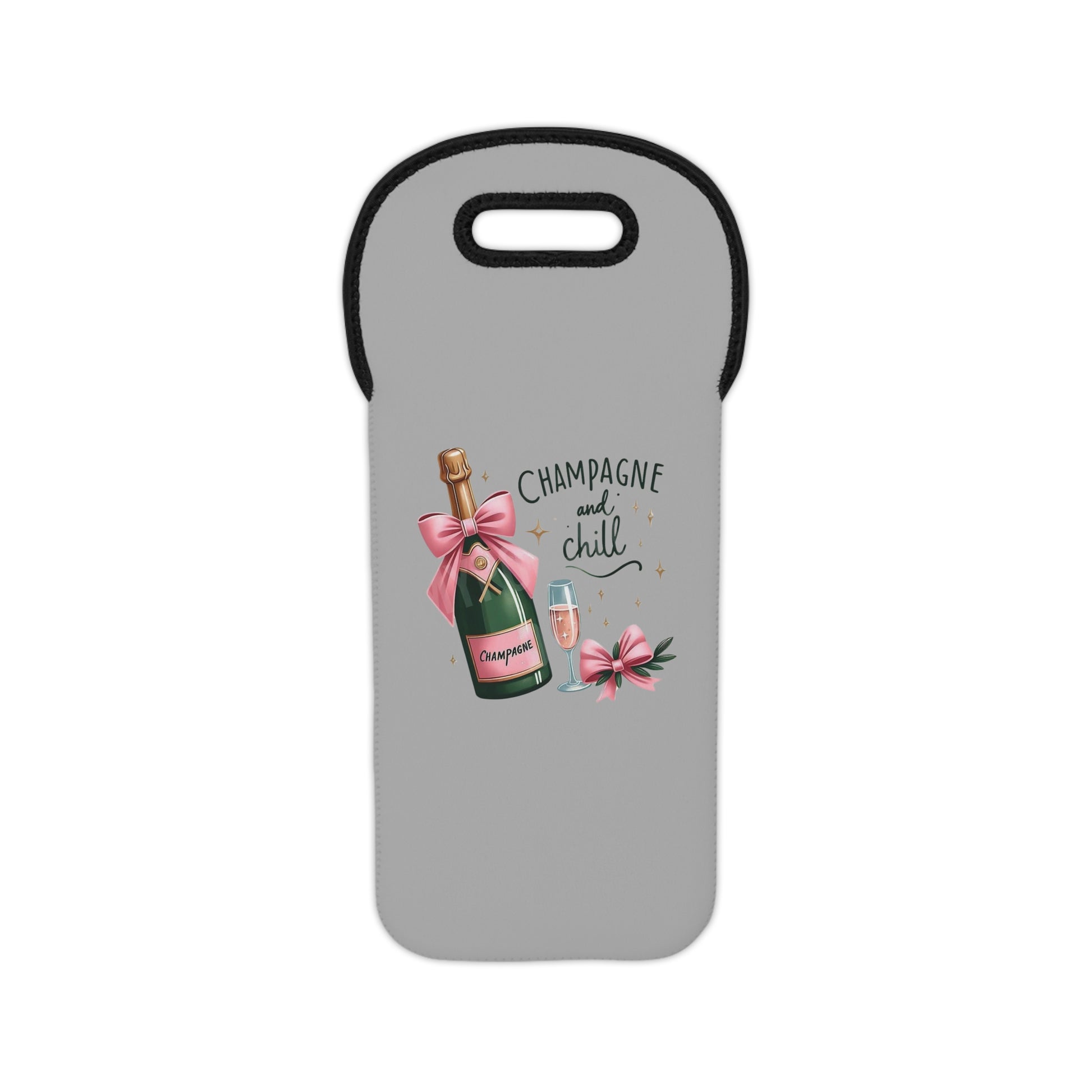 A gray neoprene wine tote bag with a printed design featuring a champagne bottle, bow, and the phrase 'Champagne all day'.