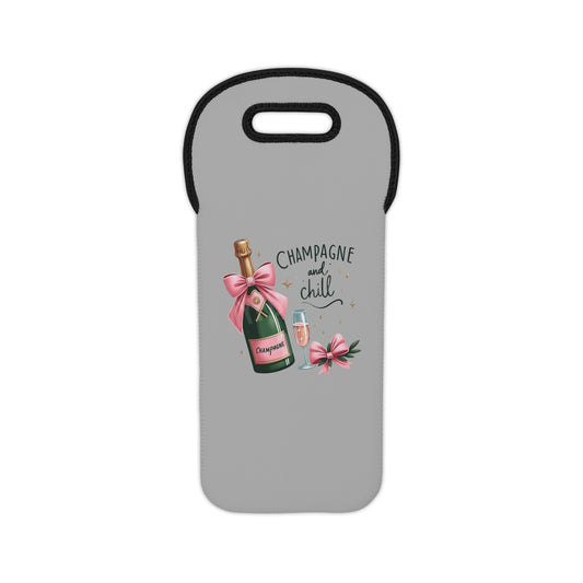 A gray neoprene wine tote bag with a printed design featuring a champagne bottle, bow, and the phrase 'Champagne all day'.