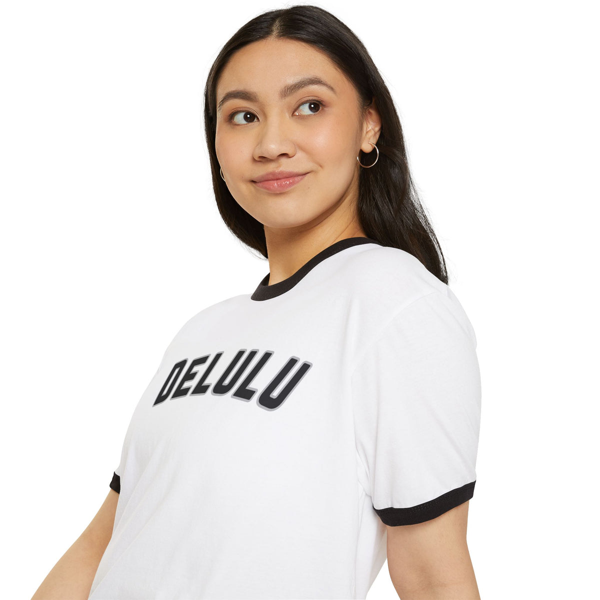 Unisex graphic T-shirt in white with black trim and DELULU logo on chest.