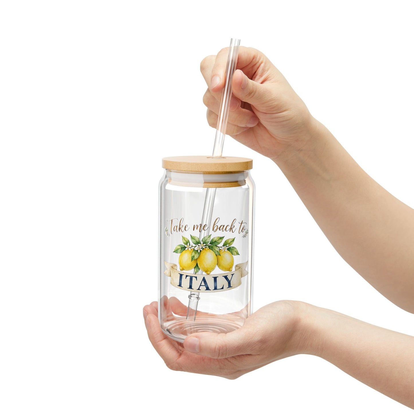 Take Me Back to Italy Lemon Sipper Glass – 16oz Travel Tumbler with Bamboo Lid & Straw