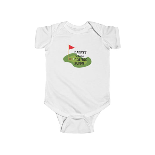 White baby onesie with a graphic and text on a white background