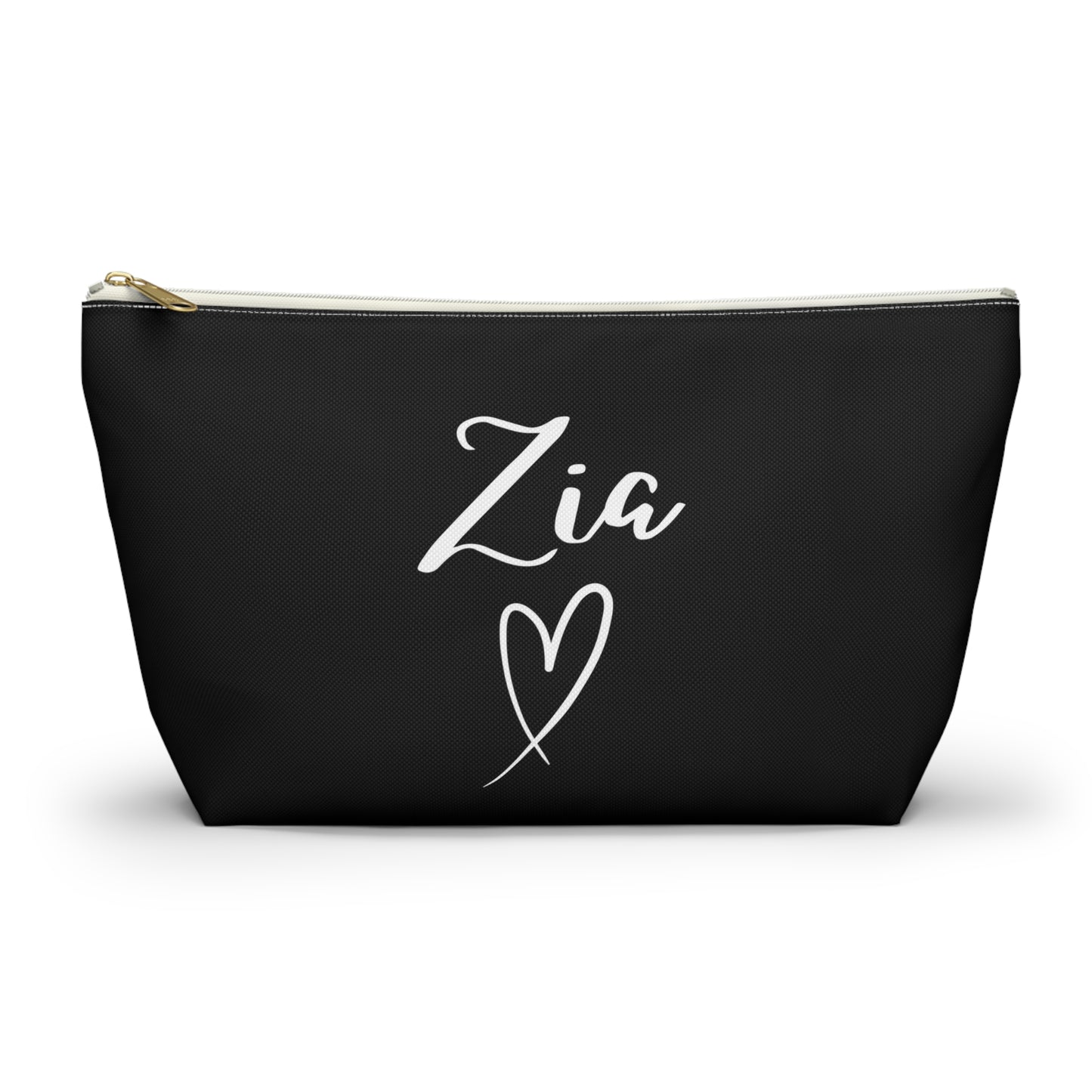 A black faux leather clutch bag with the name 'Zia' written in white script and a heart symbol on the front.