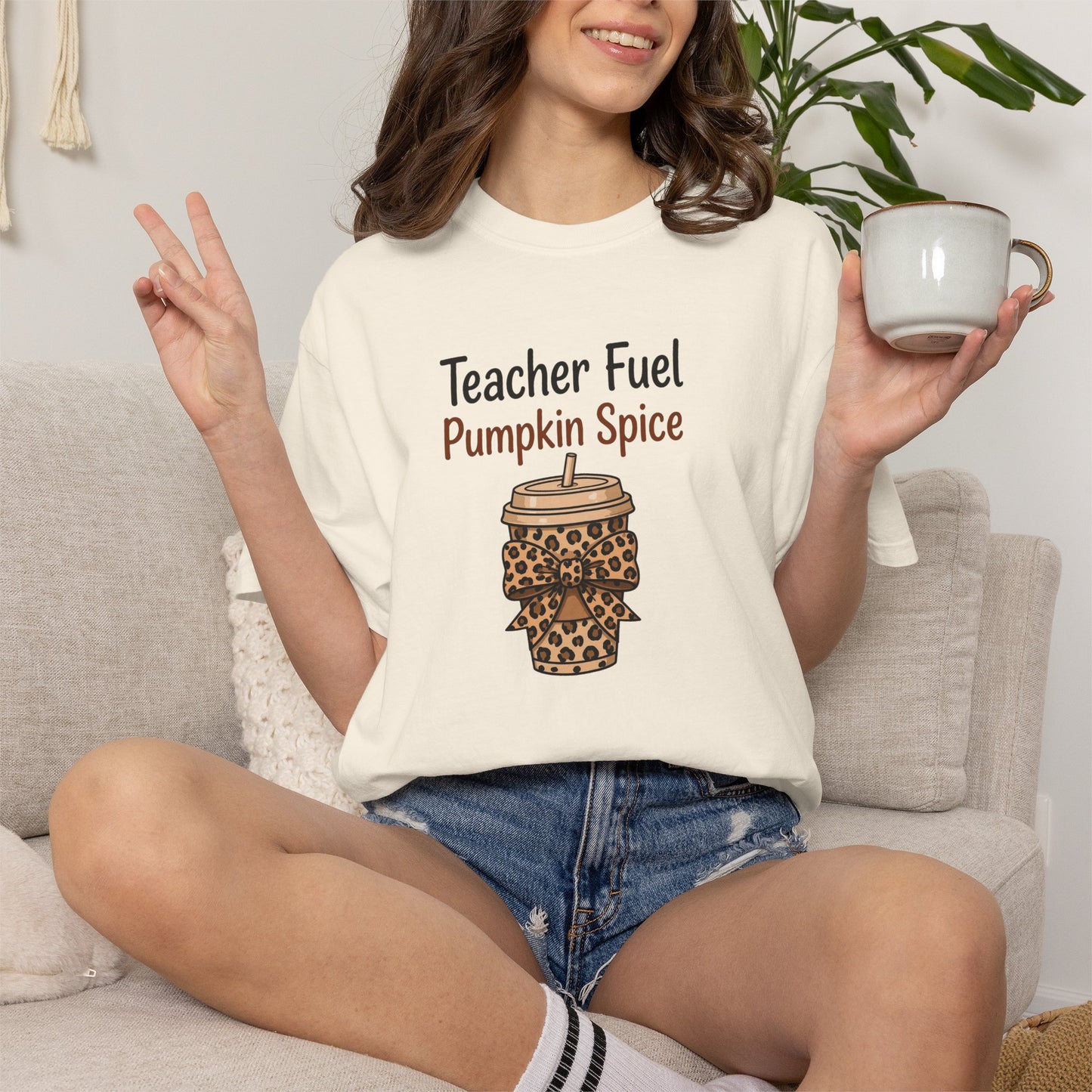 Teacher Fuel Pumpkin Spice T-Shirt — Leopard Coffee Cup Tee for Teachers