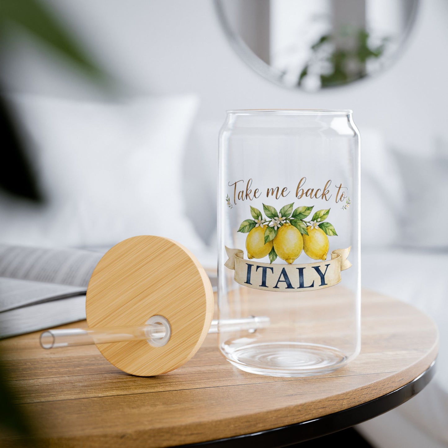Take Me Back to Italy Lemon Sipper Glass – 16oz Travel Tumbler with Bamboo Lid & Straw