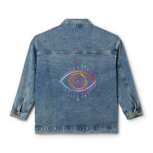 Evil eye Women's Denim Jacket, great custom Jean jacket for Christmas birthday gifts, teen Christmas gift ideas . Back to school fall denim jacket
