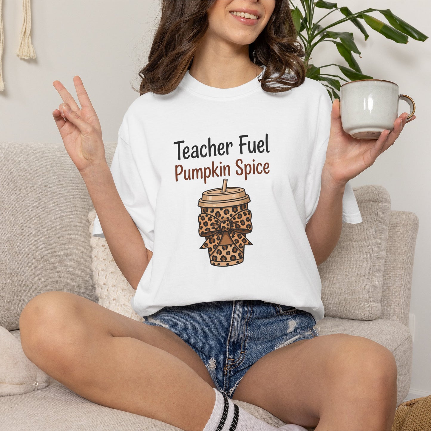 Teacher Fuel Pumpkin Spice T-Shirt — Leopard Coffee Cup Tee for Teachers